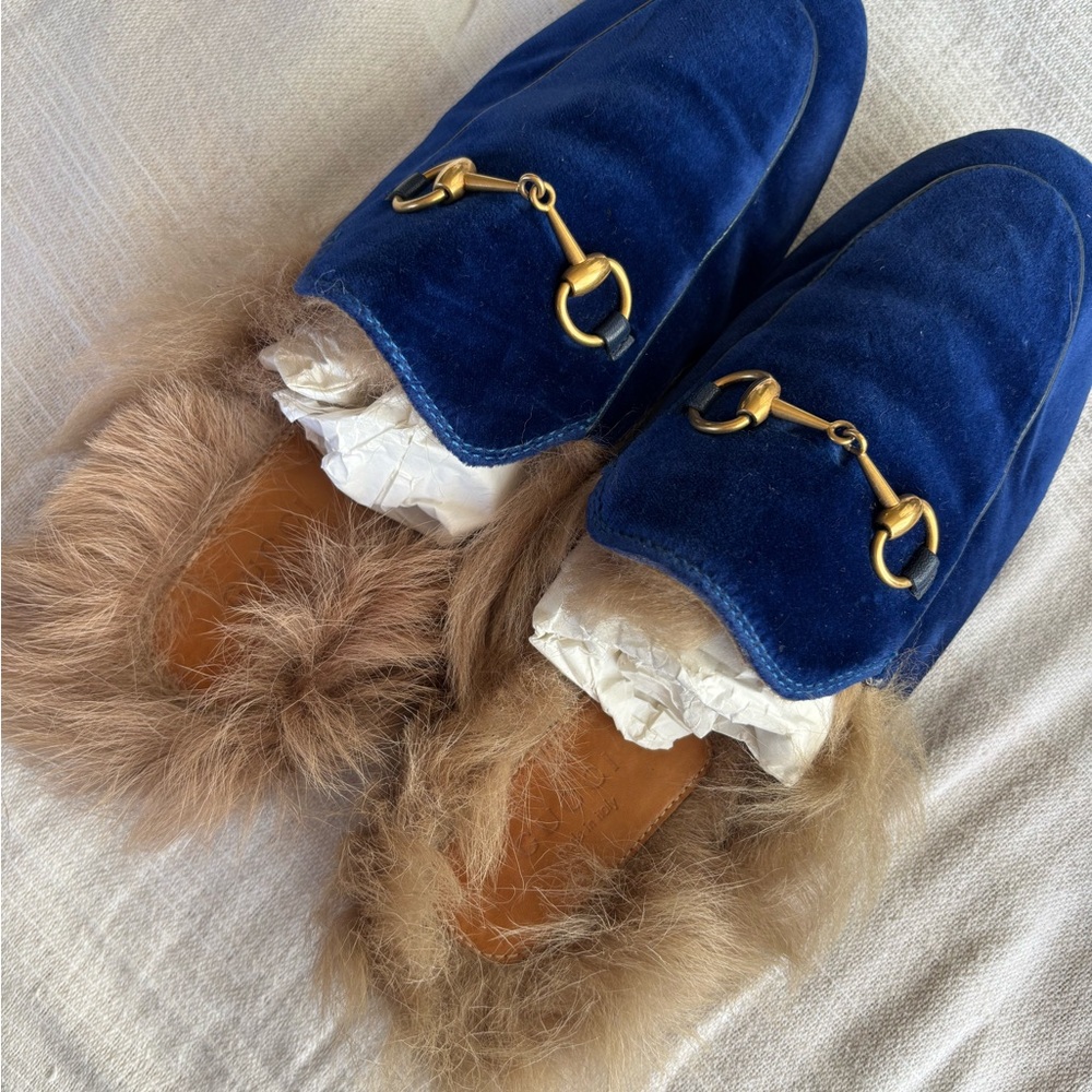 Gucci Horsebit Accent Velvet Mules - Blue Flats